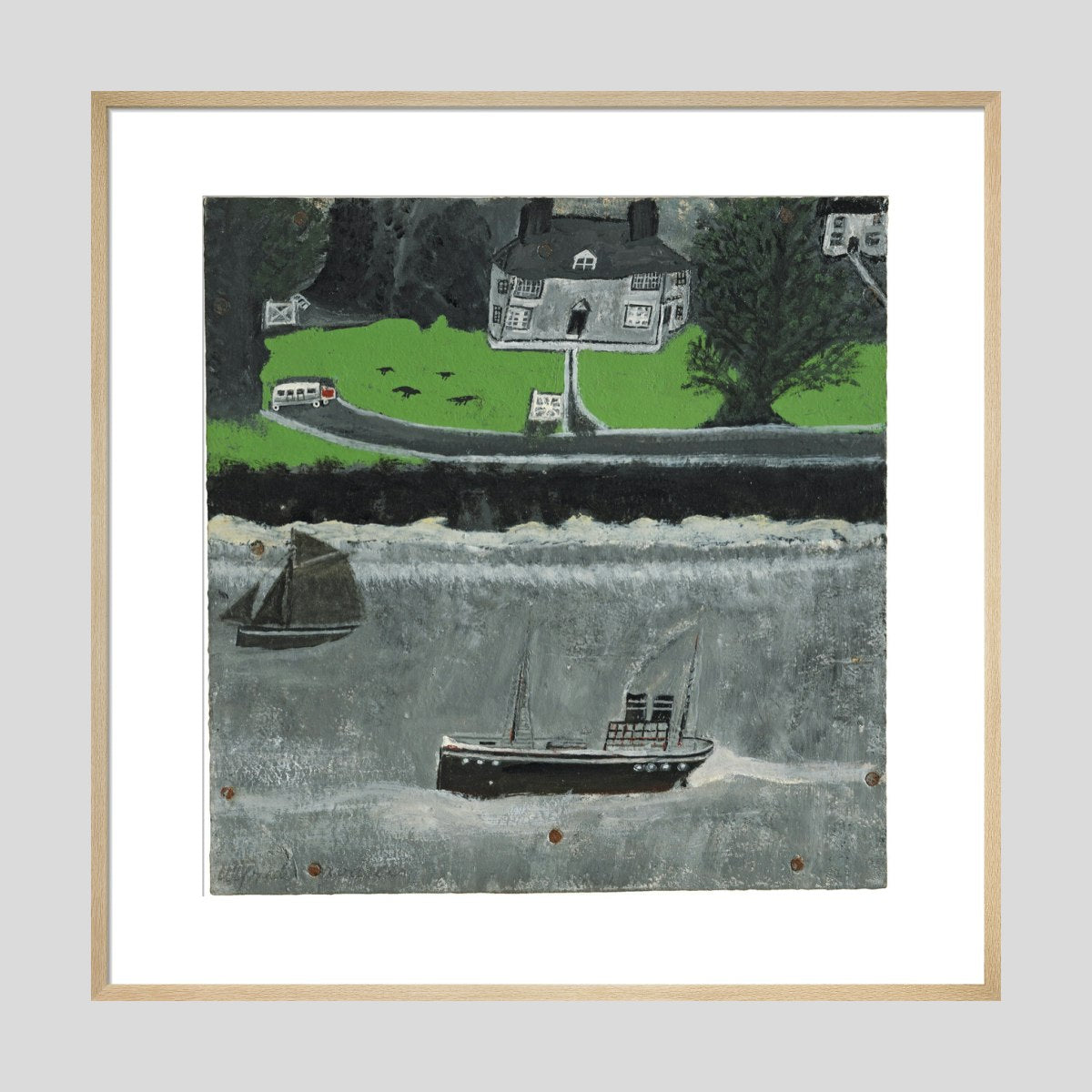 Alfred Wallis Two boats moving past a big house Print