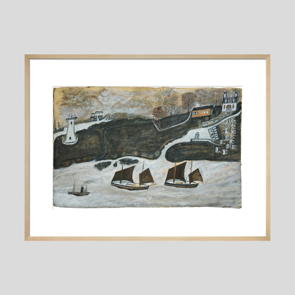 Alfred Wallis Two ships and steamer sailing past a port - Falmouth and St. Anthony lighthouse Print