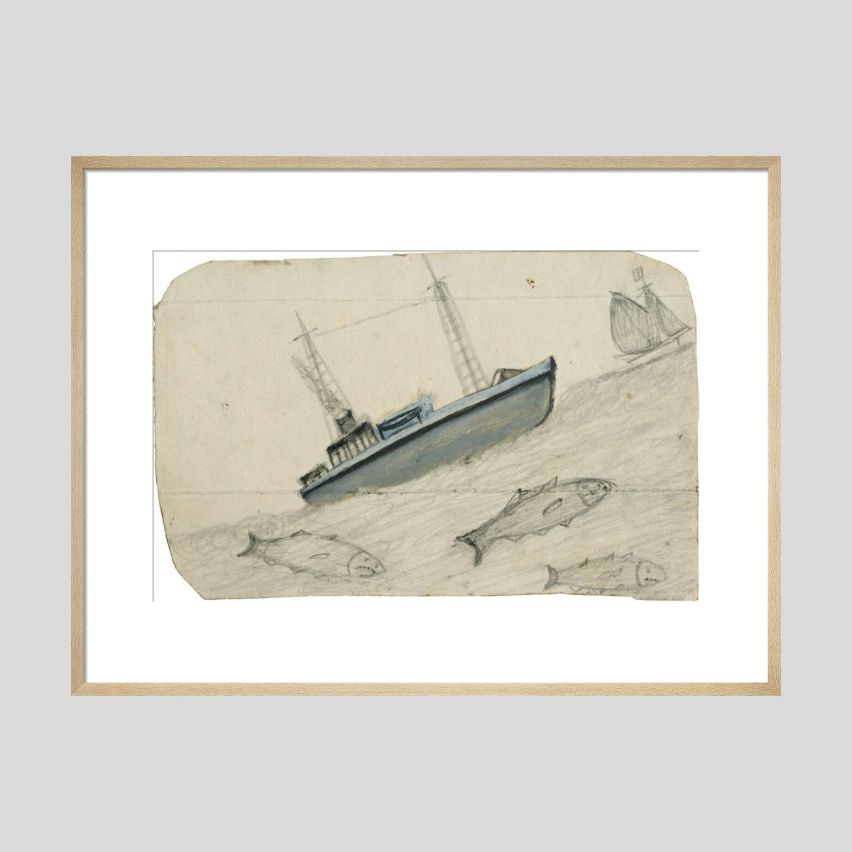 Alfred Wallis Grey steamboat, sailing ship and three fish with teeth Print