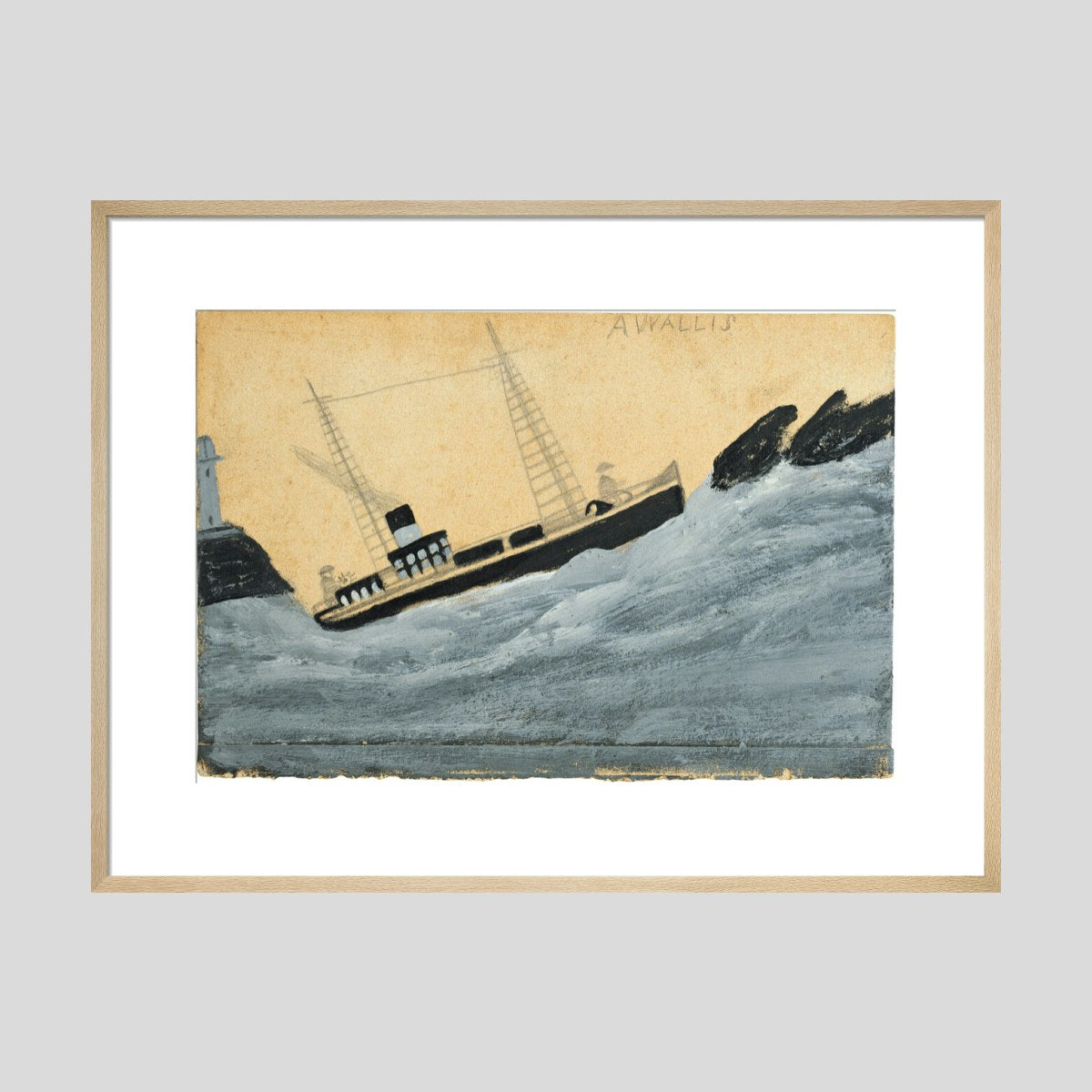Alfred Wallis Steamboat with two sailors, lighthouse and rocks Print