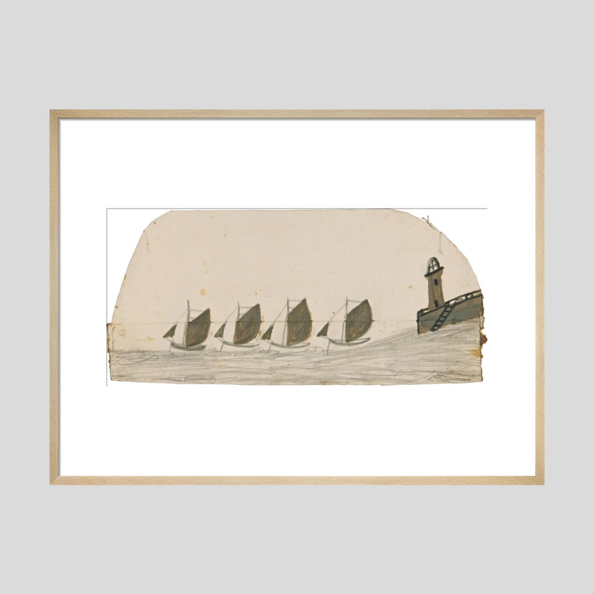 Alfred Wallis Four sailing boats leaving pier with lighthouse Print