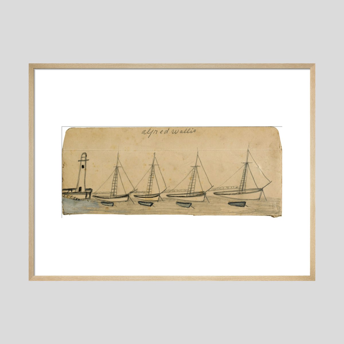 Alfred Wallis Lighthouse, four moored sailboats and rowing boats Print