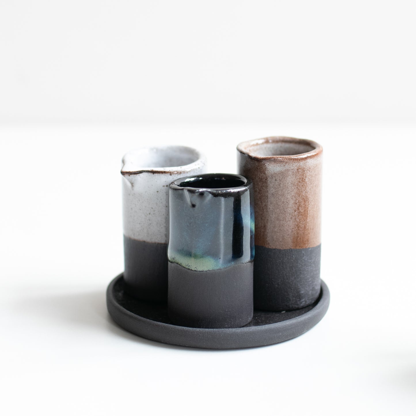 Naked Clay Ceramics Black Stoneware Set of 3 Vessels with Tray