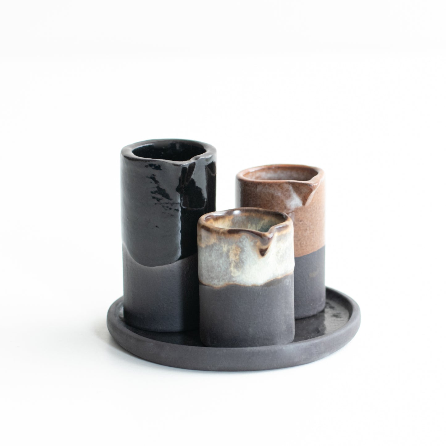 Naked Clay Ceramics Black Stoneware Set of 3 Vessels with Tray