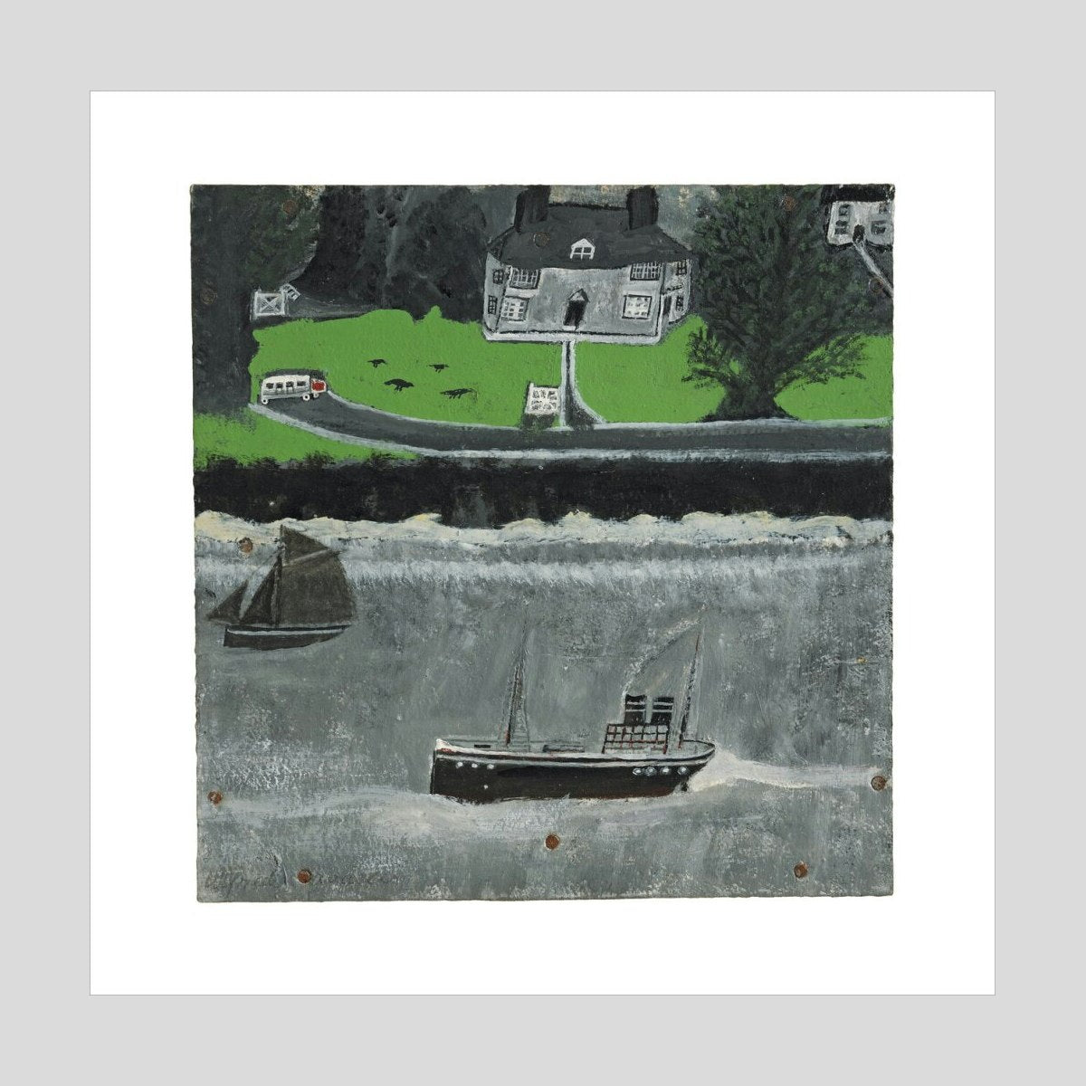 Alfred Wallis Two boats moving past a big house Print