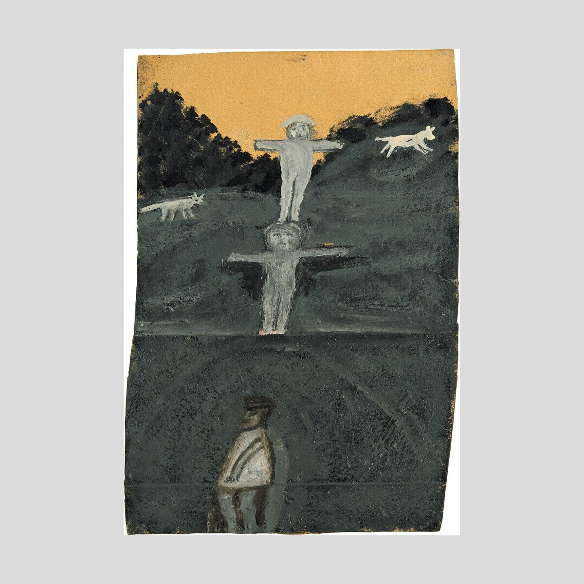 Alfred Wallis Crucifixion or Allegory with three figures and two dogs Print