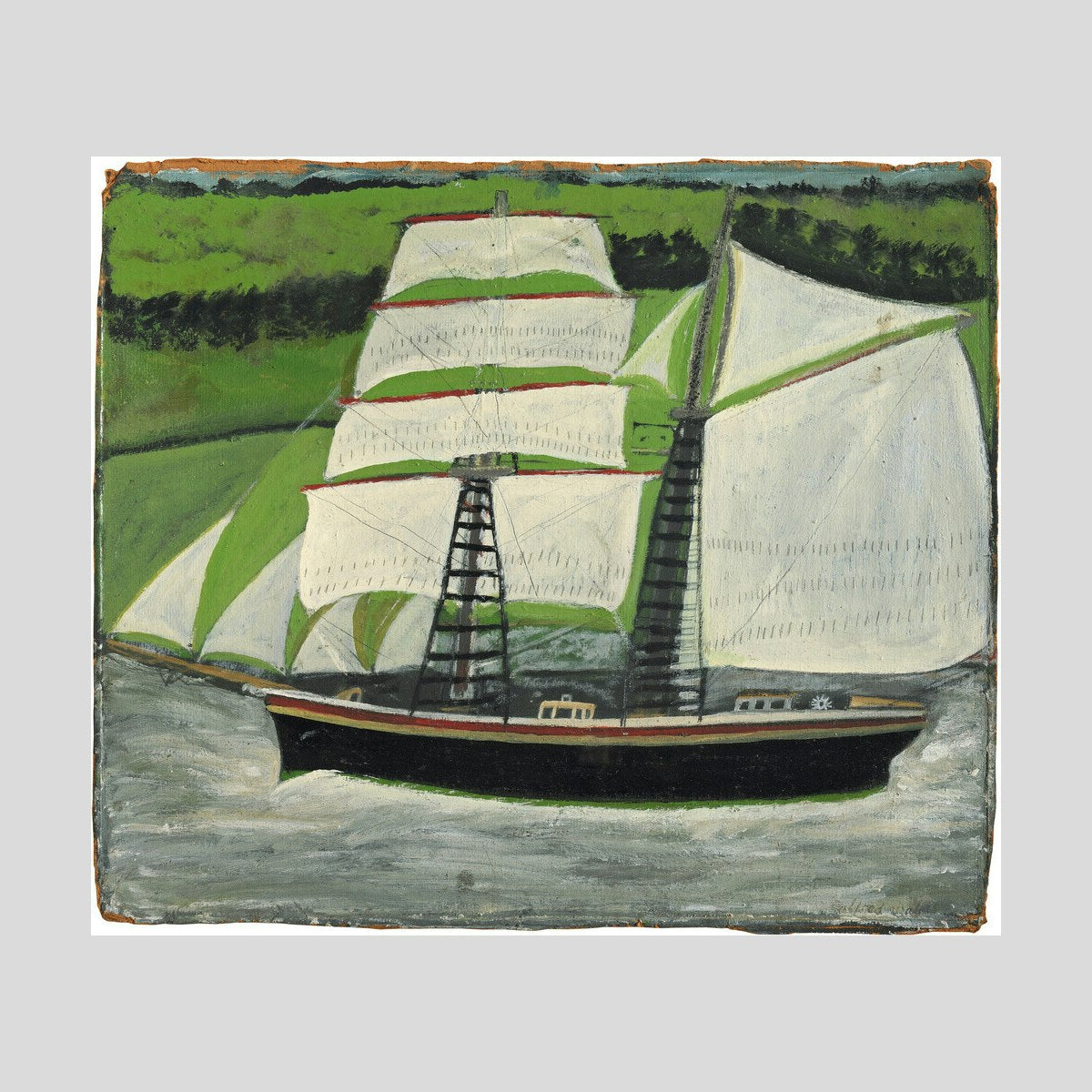 Alfred Wallis Brigantine sailing past green fields Print