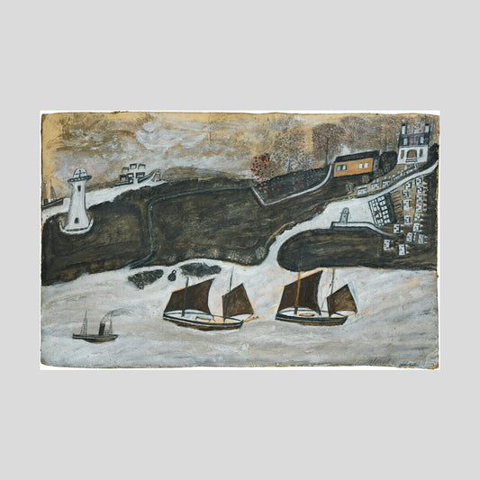 Alfred Wallis Two ships and steamer sailing past a port - Falmouth and St. Anthony lighthouse Print