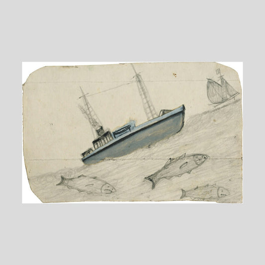 Alfred Wallis Grey steamboat, sailing ship and three fish with teeth Print