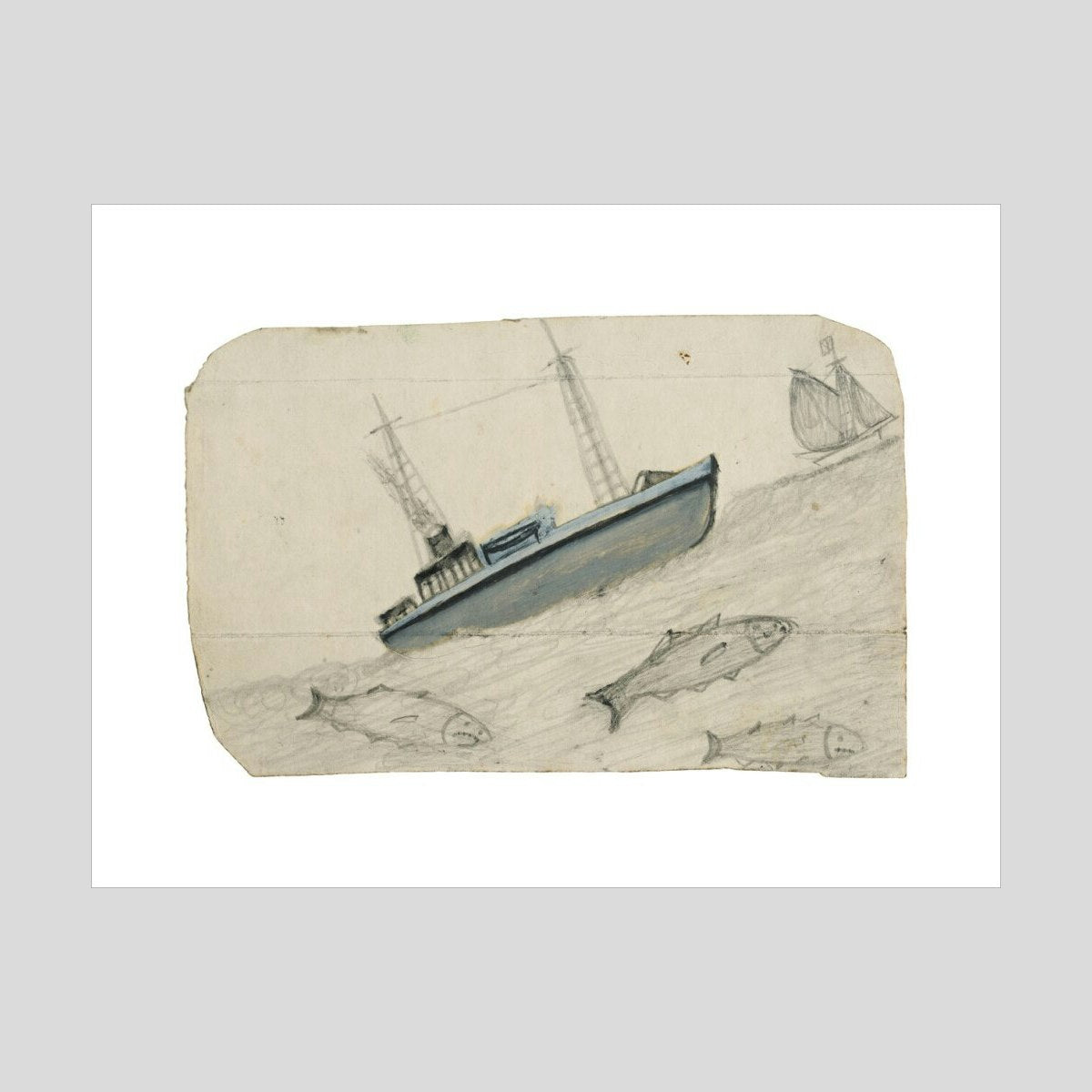 Alfred Wallis Grey steamboat, sailing ship and three fish with teeth Print