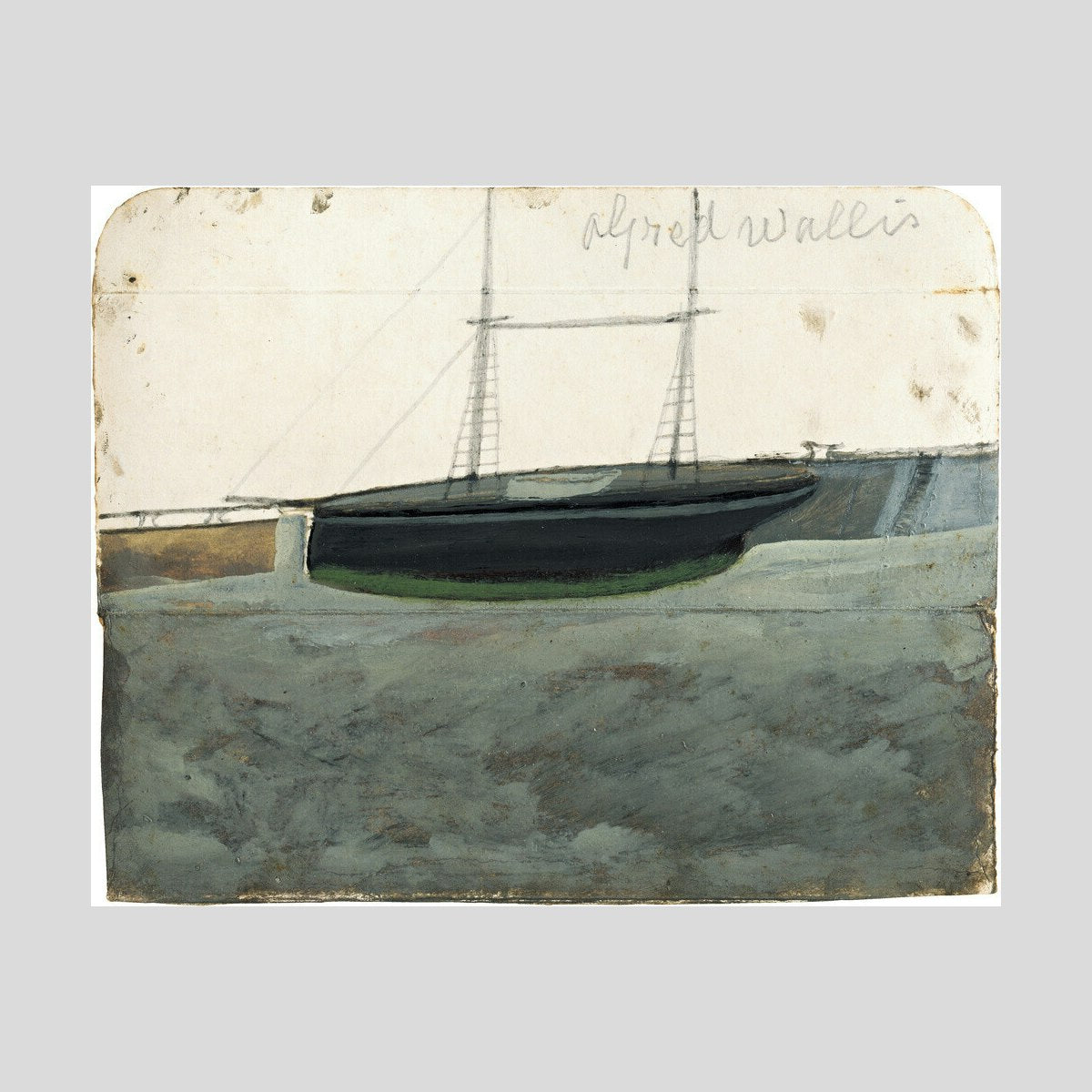 Alfred Wallis Two-master with green hull-line alongside quay Print