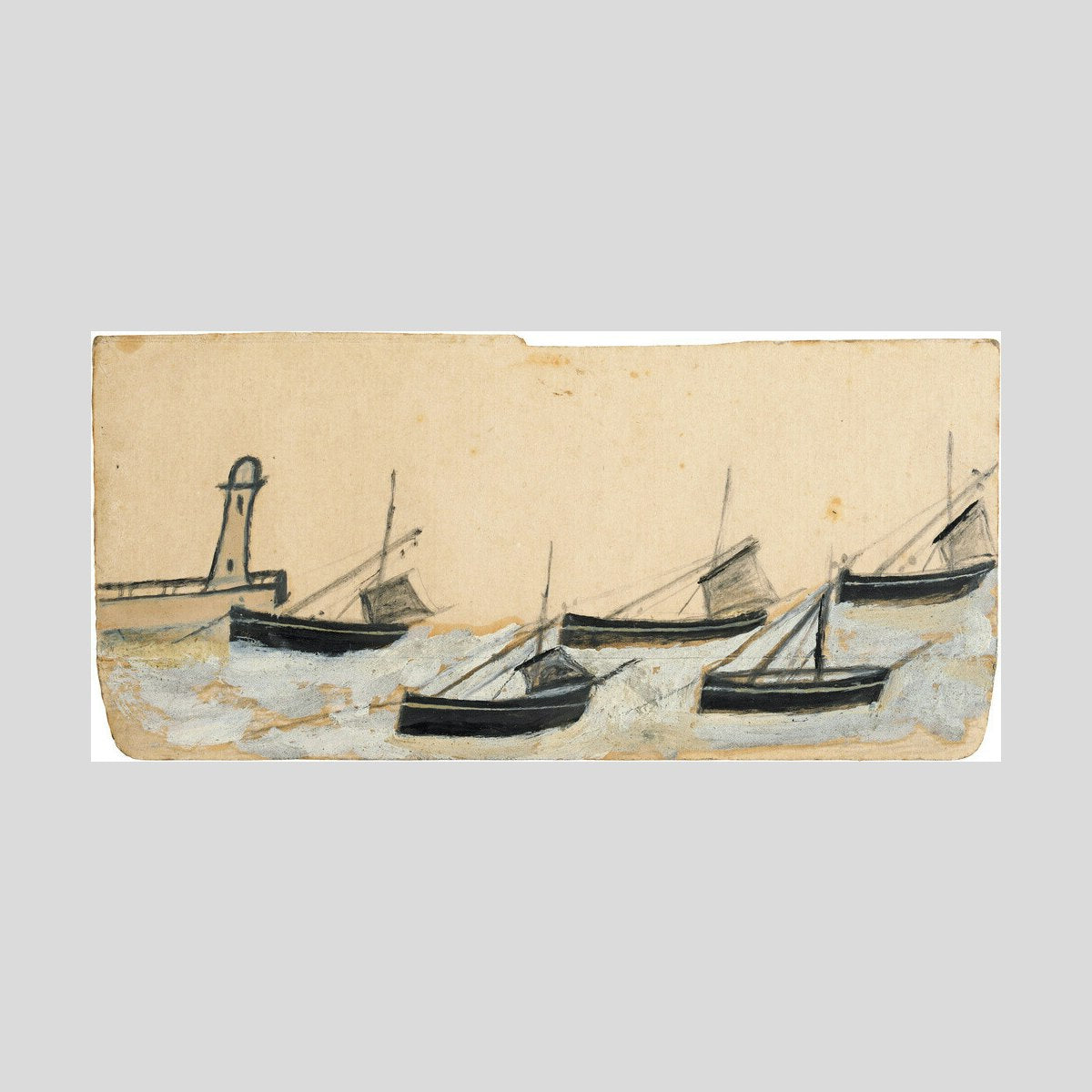 Alfred Wallis Five fishing boats anchored by pier and lighthouse Print