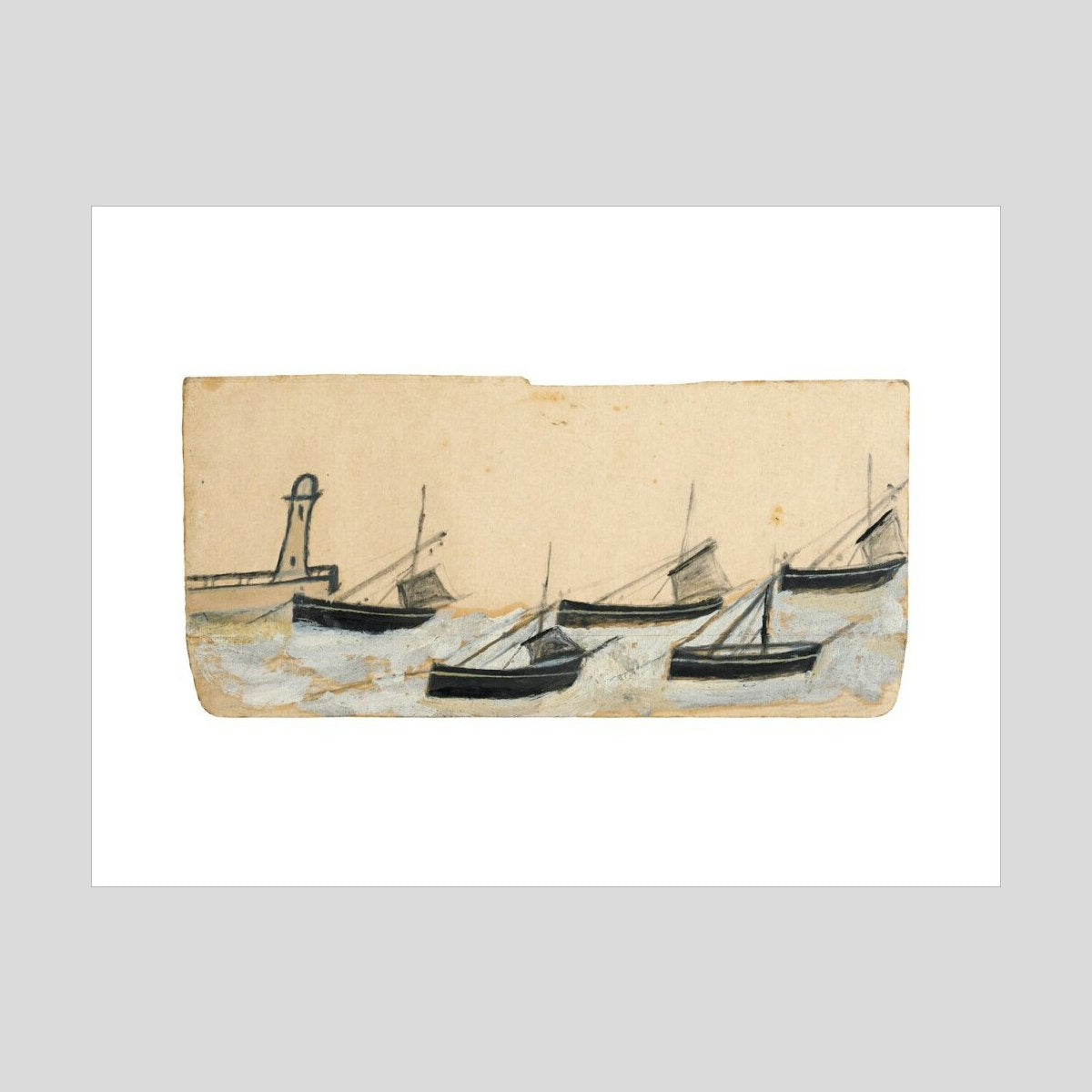 Alfred Wallis Five fishing boats anchored by pier and lighthouse Print