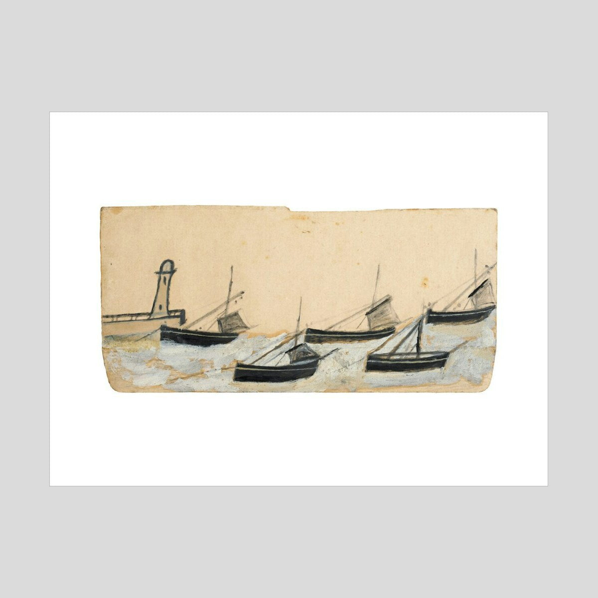 Alfred Wallis Five fishing boats anchored by pier and lighthouse Print