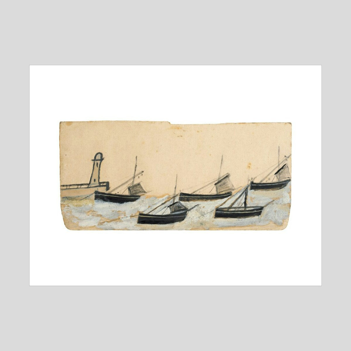 Alfred Wallis Five fishing boats anchored by pier and lighthouse Print