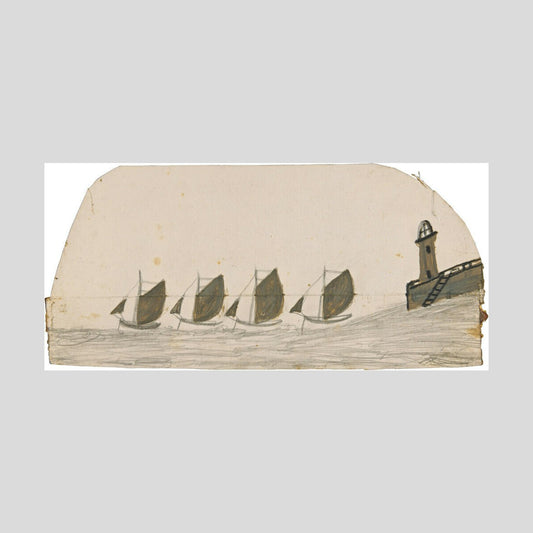 Alfred Wallis Four sailing boats leaving pier with lighthouse Print