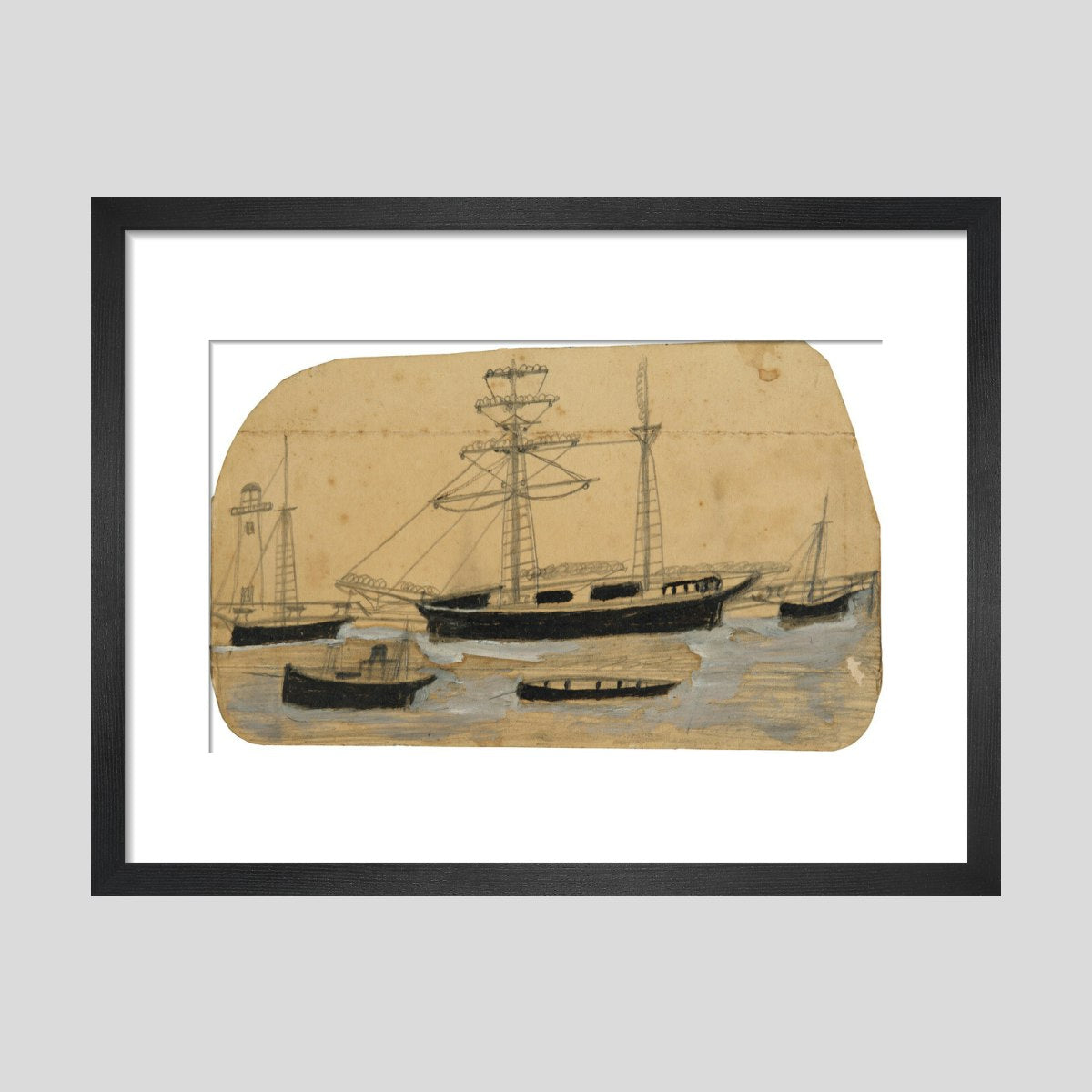 Alfred Wallis Five ships in port with lighthouse Print