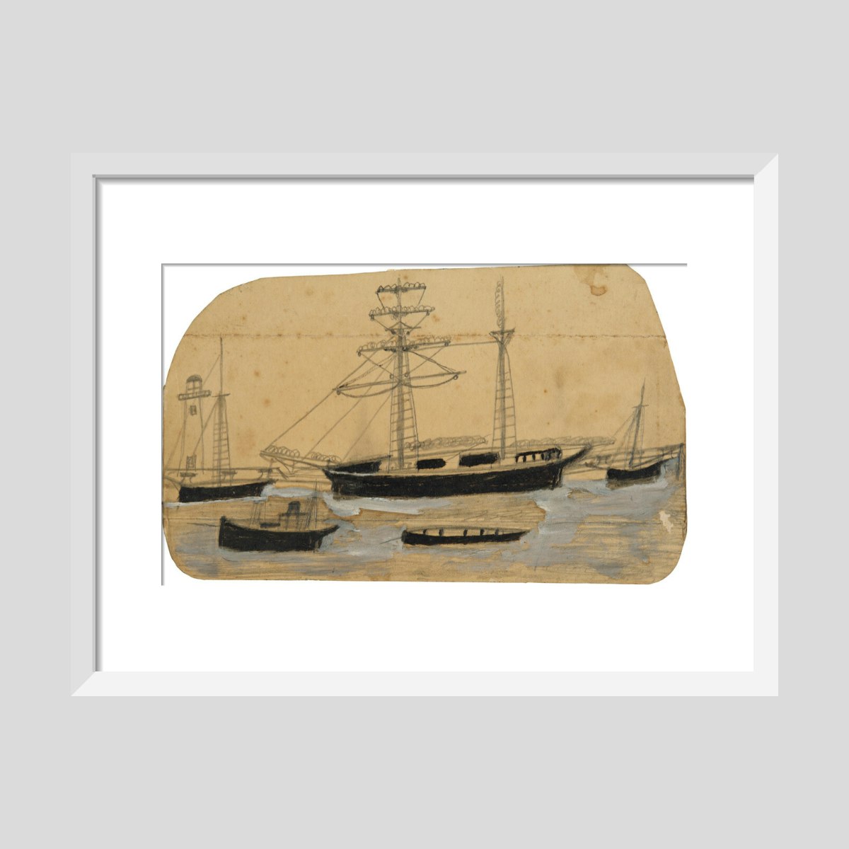 Alfred Wallis Five ships in port with lighthouse Print
