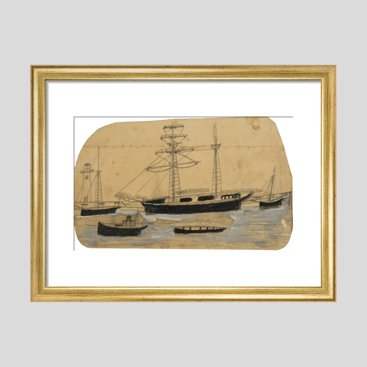 Alfred Wallis Five ships in port with lighthouse Print