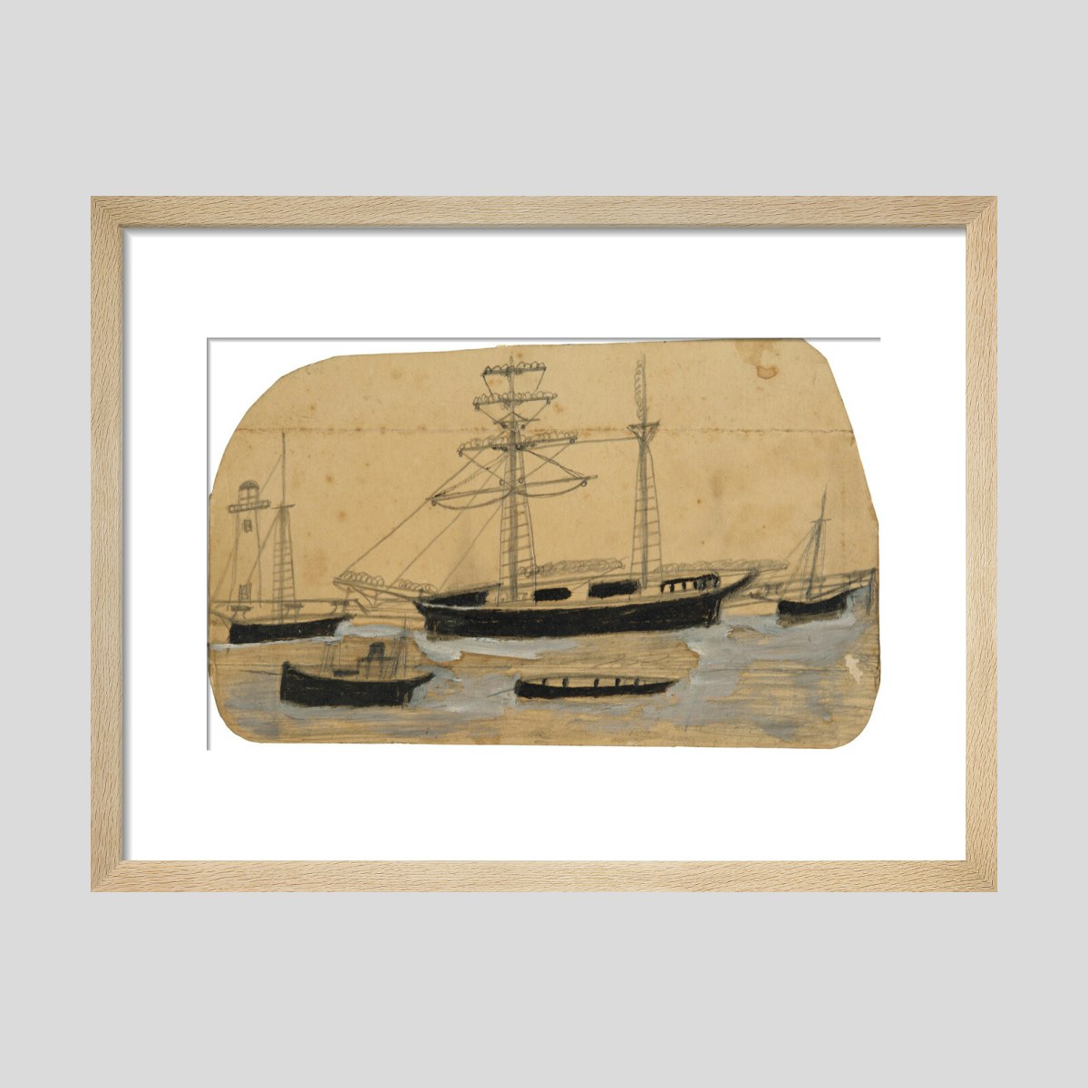 Alfred Wallis Five ships in port with lighthouse Print