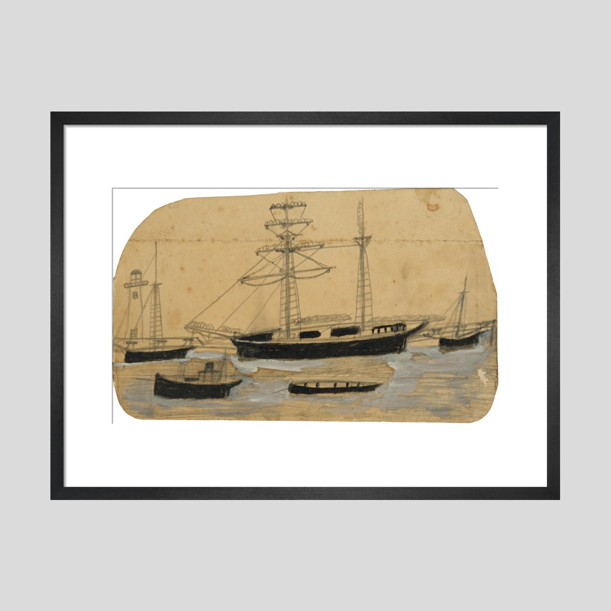 Alfred Wallis Five ships in port with lighthouse Print