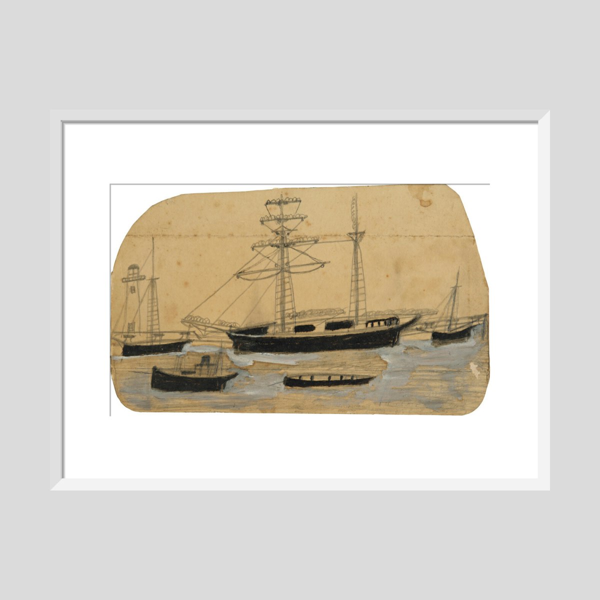 Alfred Wallis Five ships in port with lighthouse Print