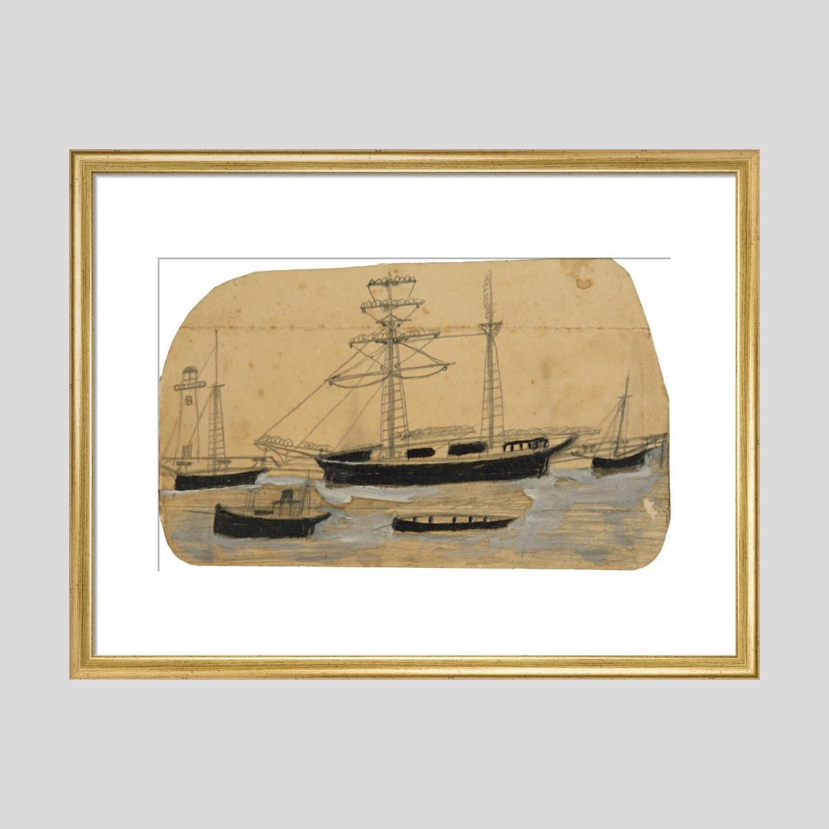 Alfred Wallis Five ships in port with lighthouse Print