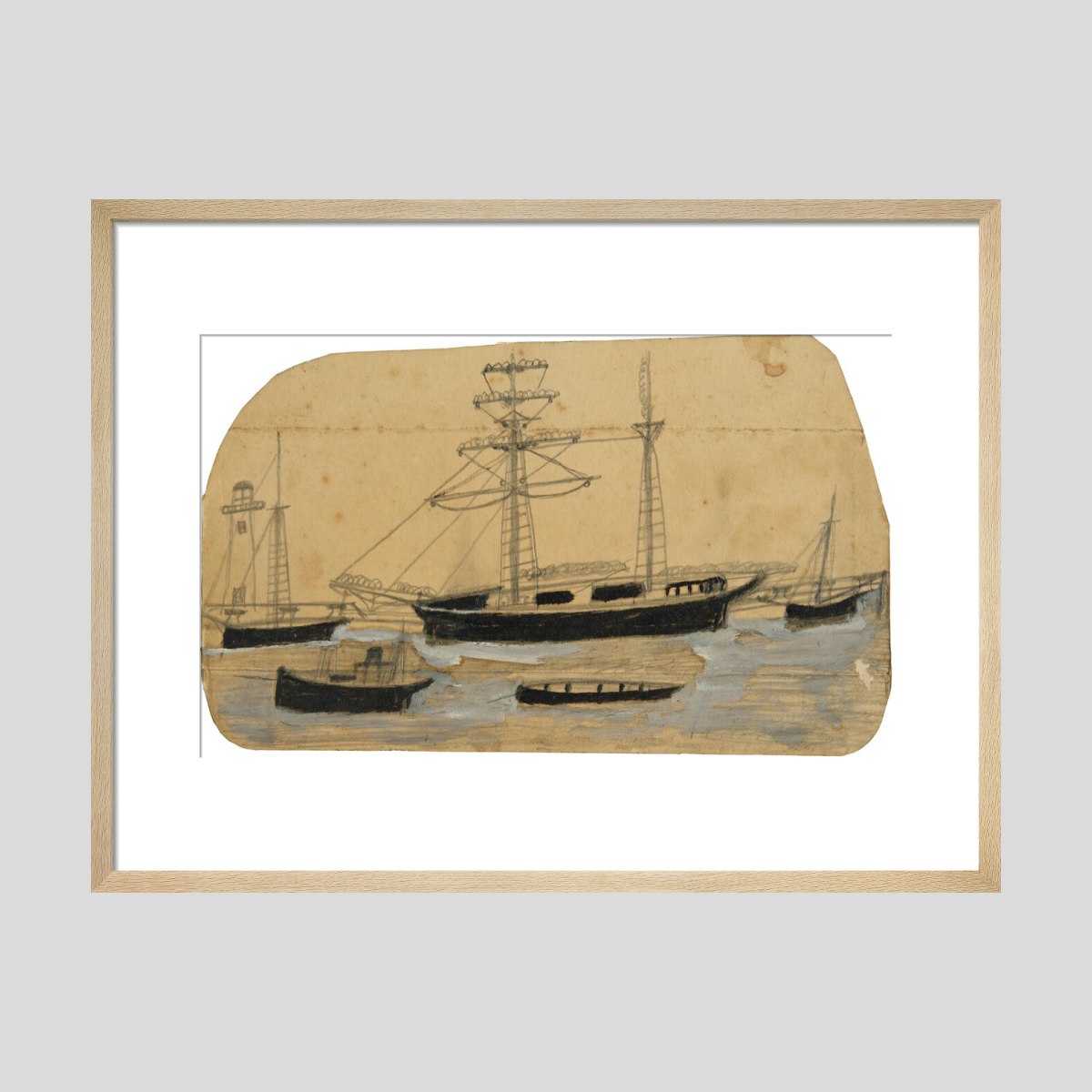 Alfred Wallis Five ships in port with lighthouse Print
