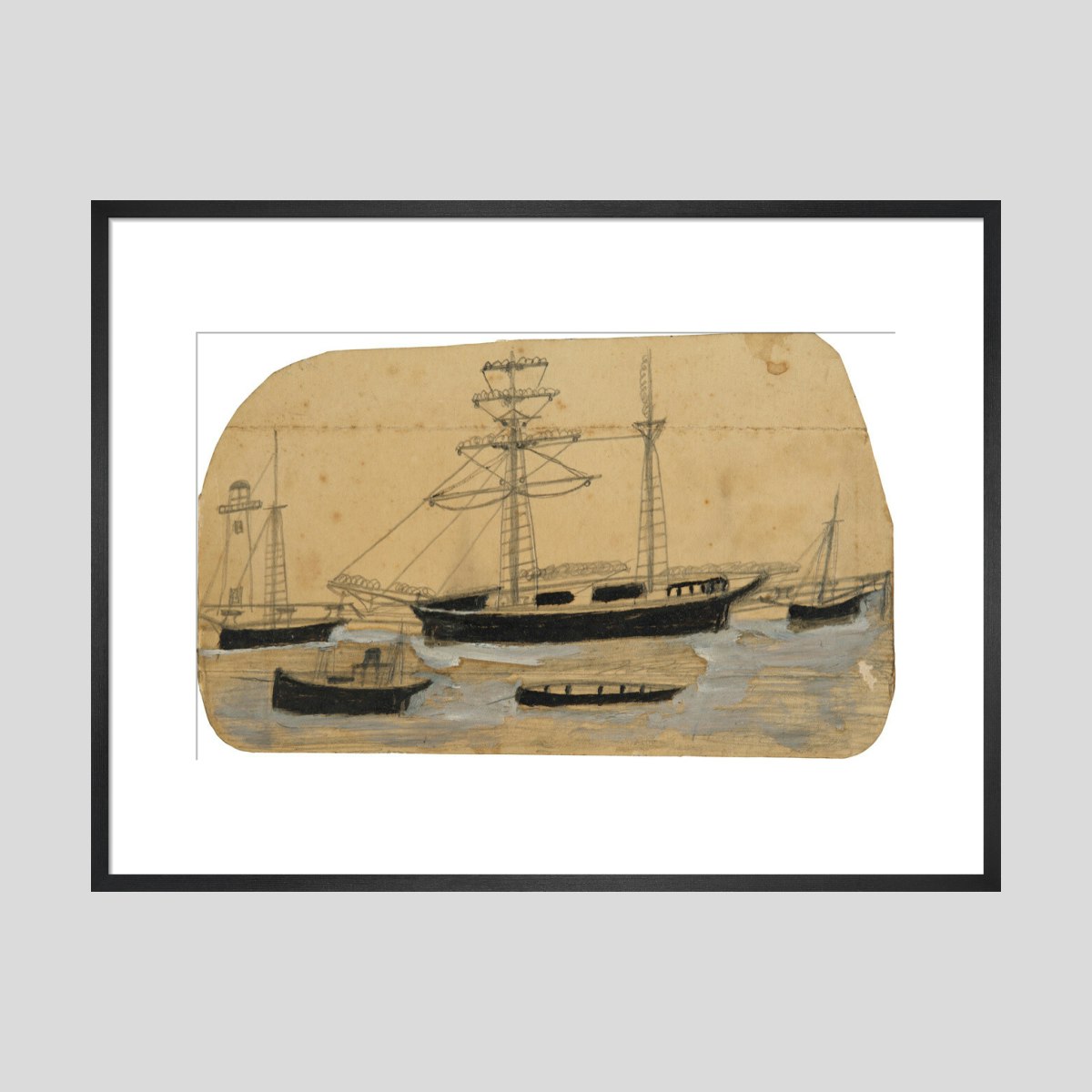 Alfred Wallis Five ships in port with lighthouse Print