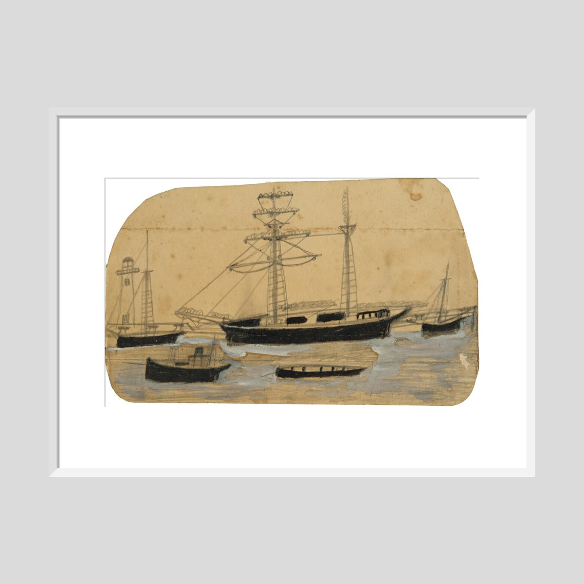 Alfred Wallis Five ships in port with lighthouse Print