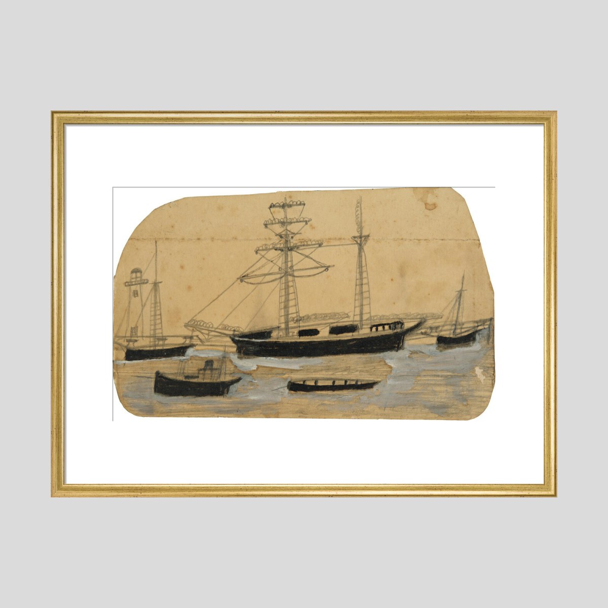 Alfred Wallis Five ships in port with lighthouse Print