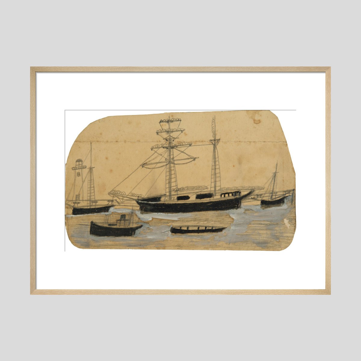Alfred Wallis Five ships in port with lighthouse Print