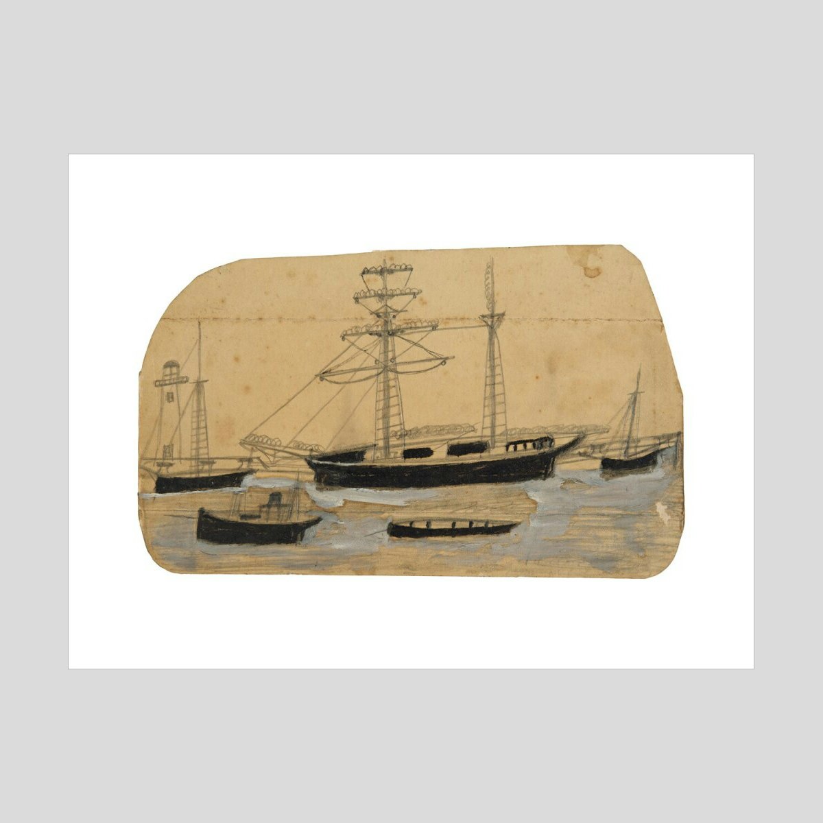 Alfred Wallis Five ships in port with lighthouse Print