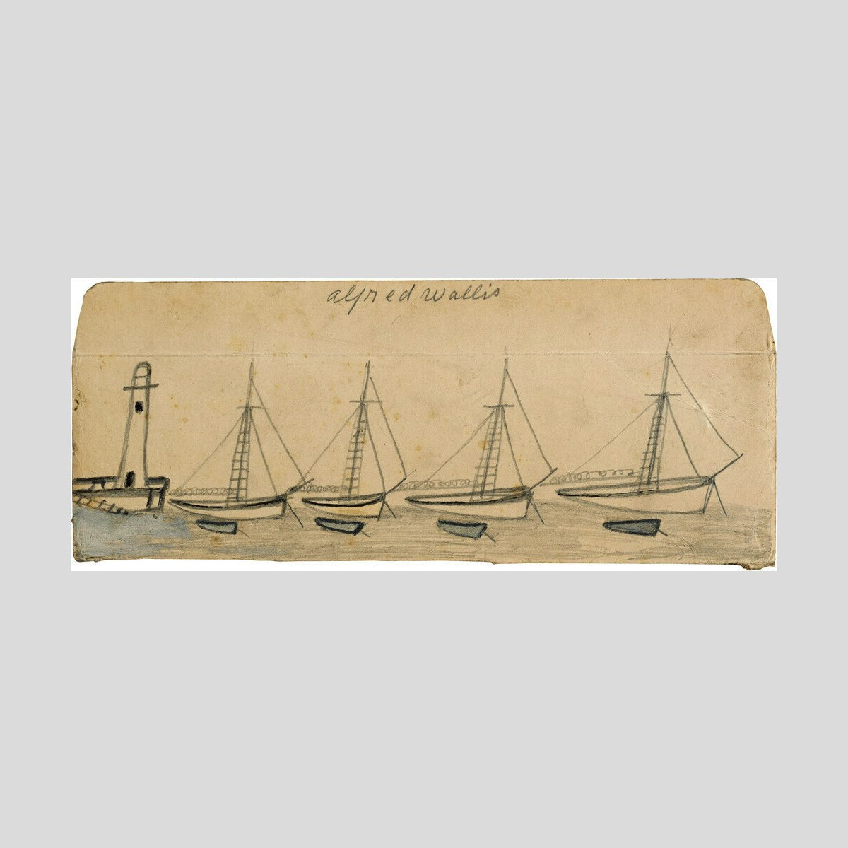 Alfred Wallis Lighthouse, four moored sailboats and rowing boats Print