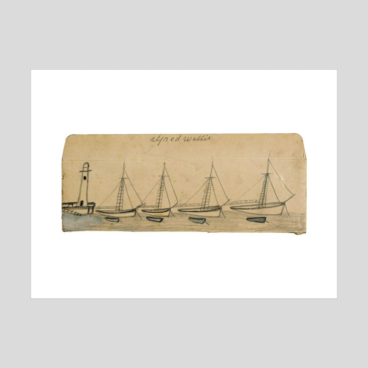 Alfred Wallis Lighthouse, four moored sailboats and rowing boats Print