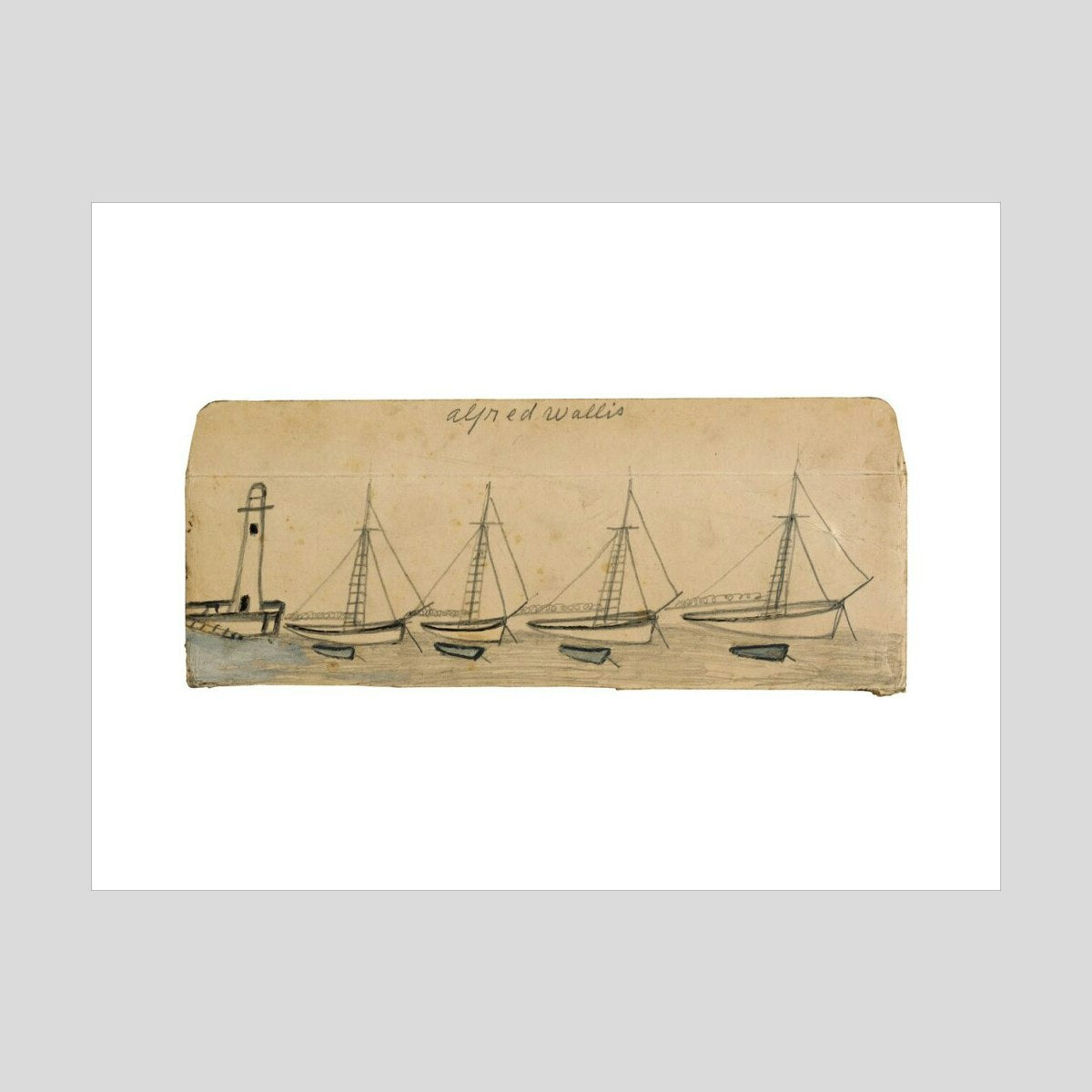 Alfred Wallis Lighthouse, four moored sailboats and rowing boats Print