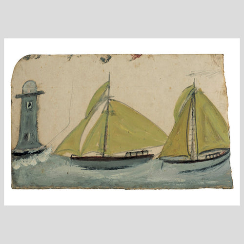 Langham Press Postcard Alfred Wallis Two Boats with yellow sails and lighthouse 1